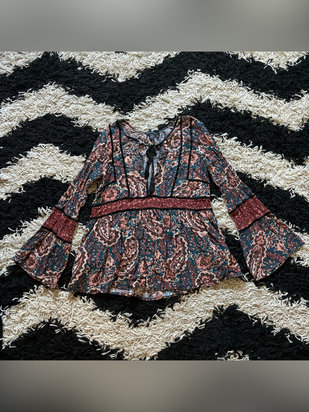 Boho Babydoll Fit Multicolor Paisley Tassel V-Neck Bell Sleeve Top
